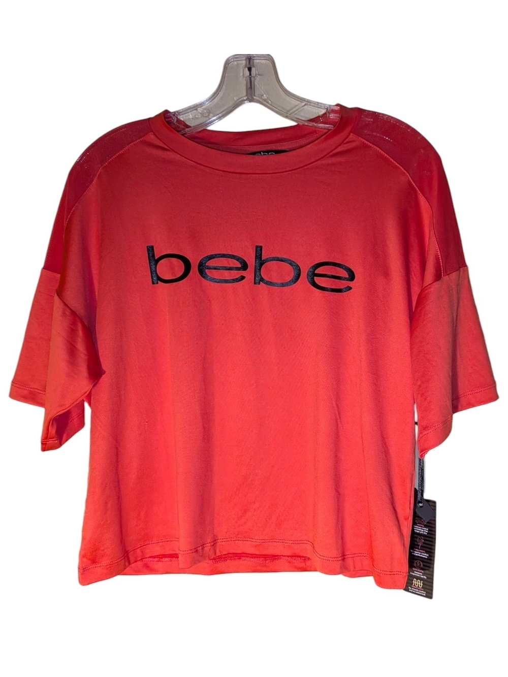 bebe SPORT Moisture Wicking Mesh 4 Way Stretch Performance Comfort Logo Crop Tee